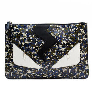 Fendi Monster Leather Clutch Bag Navy Blue Black White Khaki Green Silver